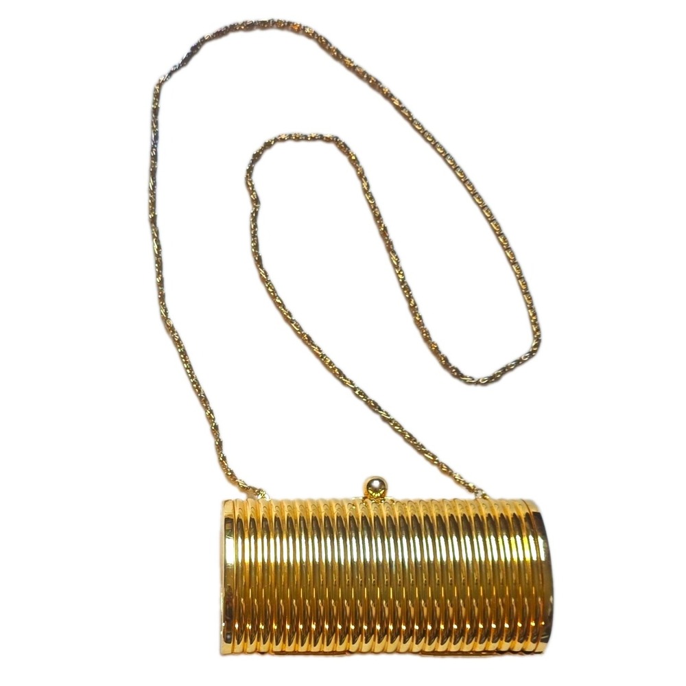 Vintage Sasha Gold Hardshell Ribbed Cylinder Clutch Minaudiere Evening Bag